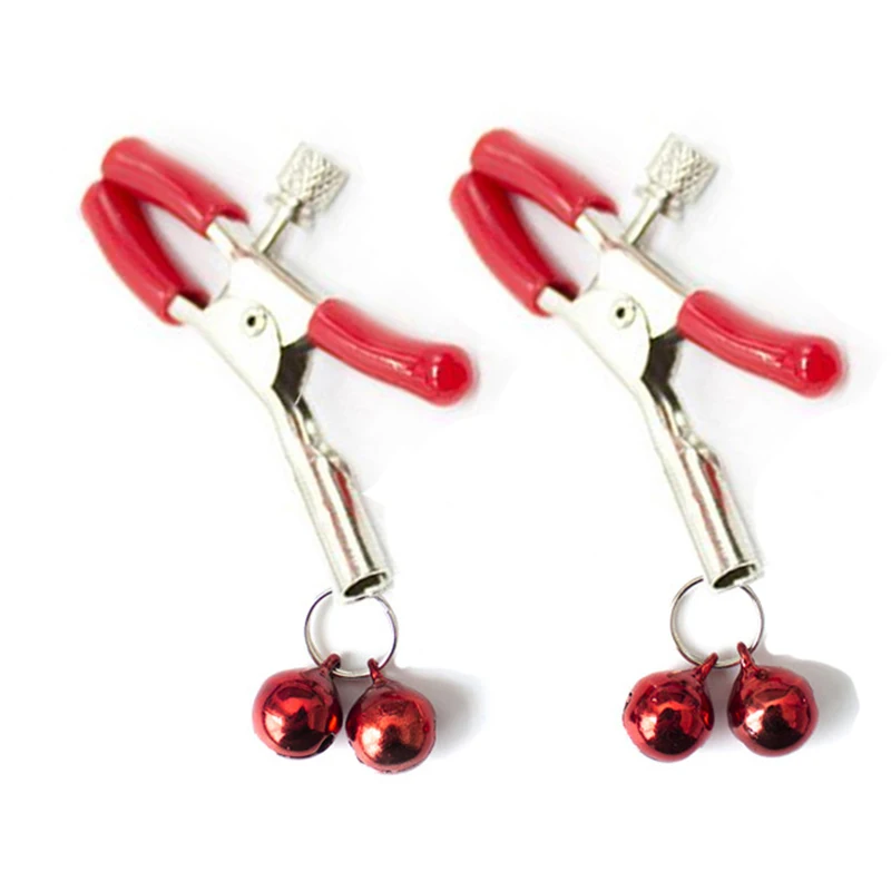 1 Pair Metal cilp on Nipple Clamps WithTwo Red Bell Flirting Teasing Sex Flirt Bondage Kit Slave Exotic Accessories image 2