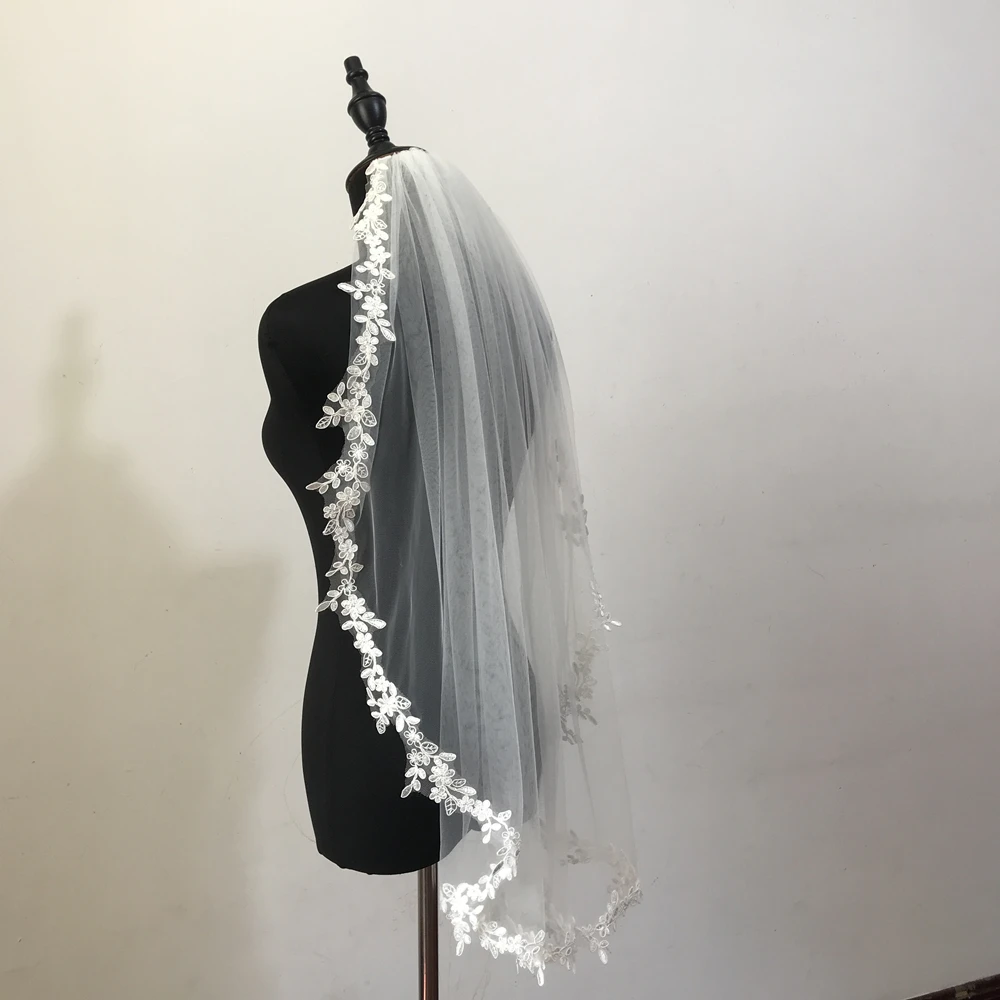 Voile de Mariée Court en Dentelle à une Couche, Blanc/Ivoire, Longueur de Coude, avec Peigne, Accessoires de Mariage, Jour des Amoureux