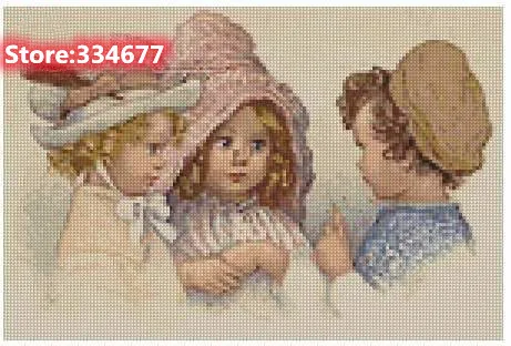 Three cute girls, kids Listen Sewing Top Quality Embroidery Needlework 14CT Unprinted Art Cross Stitch Kits DIY Handmade Decor