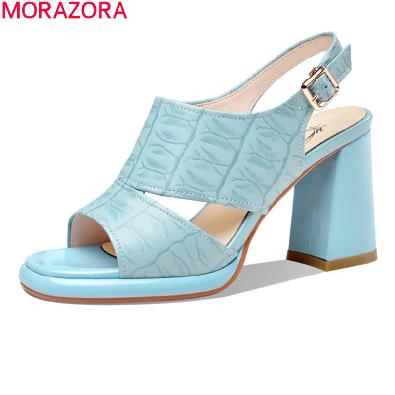 MORAZORA 2024 Plus Size 34-43 Women Shoes Genuine Leather Square Heels Sandals Summer Fashion Buckle Party Wedding Shoes