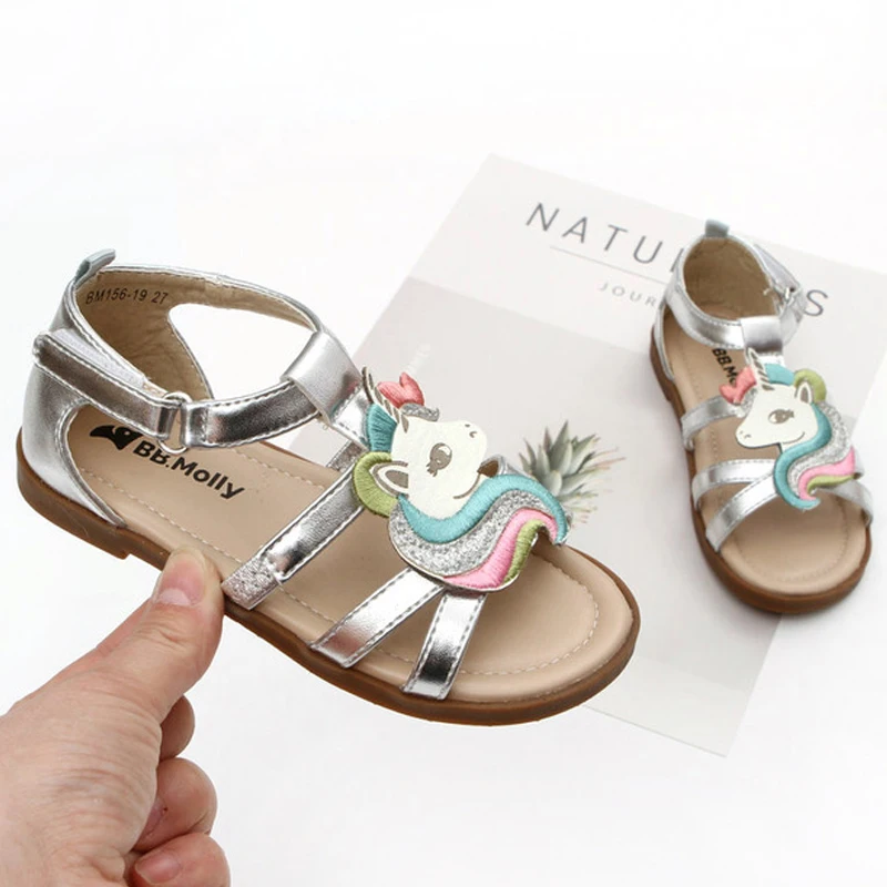 Toddler Girls Unicorn Sandals Sparkle Kids Summer Heel-capped Shoes Little Girls Birthday Party Slides Sandals Leather Princess