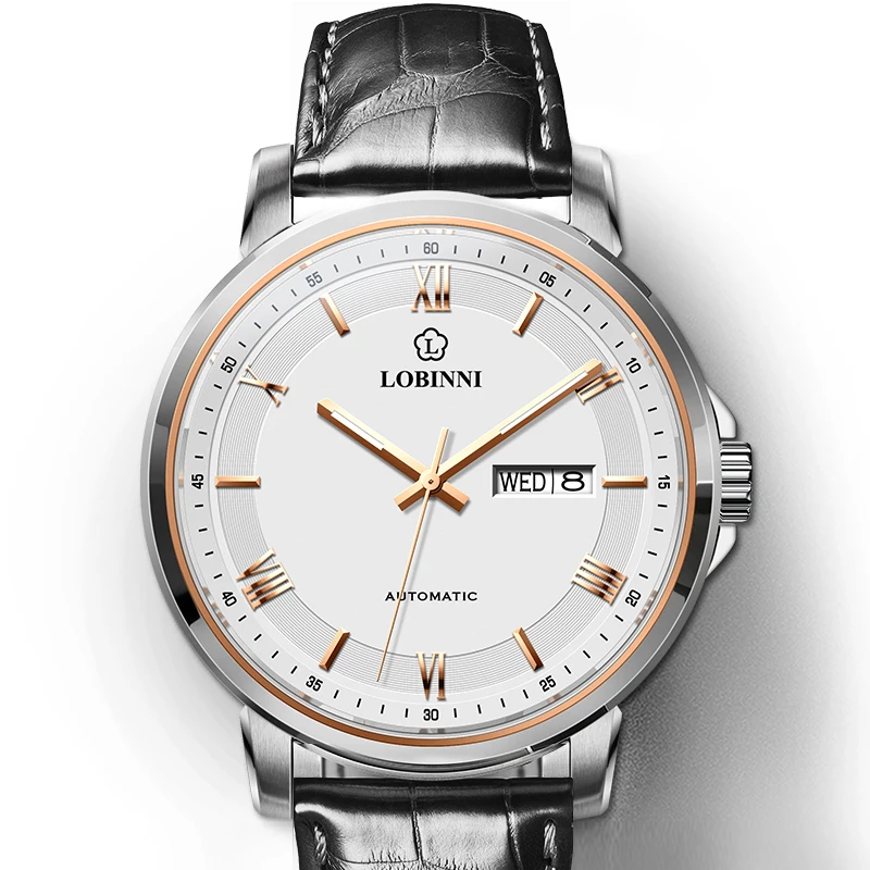 LOBINNI Luxury Genuine Leather Band Men Mechanical Watch Date Automatic Watches Sapphire Glass Waterproof 50M Men Watches
