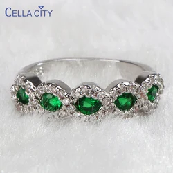 Cellacity Fashion Wave shaped Silver Jewelry Emerald Ruby Ring for Women Round Gemstones Female Jewelry for Party Size5-11