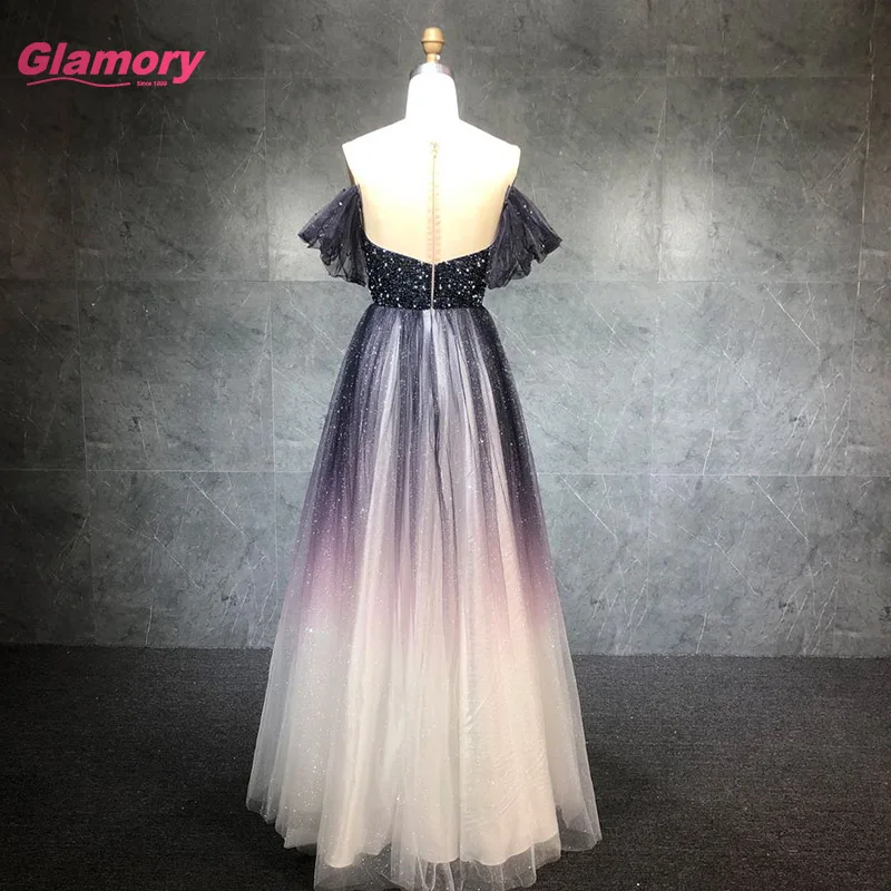 New Arrival Off-Shoulder Party Prom Crystal Beaded Gradual Change Color Shining Tulle Evening Gowns