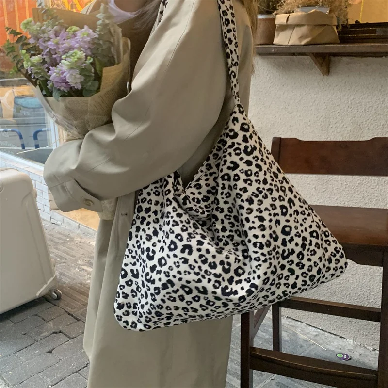 Women Shoulder Canvas Shopper Bag Leopard Print Korean Shopping Bag Casual Female Handbag Cotton Fabric Tote Bags for Women 2021