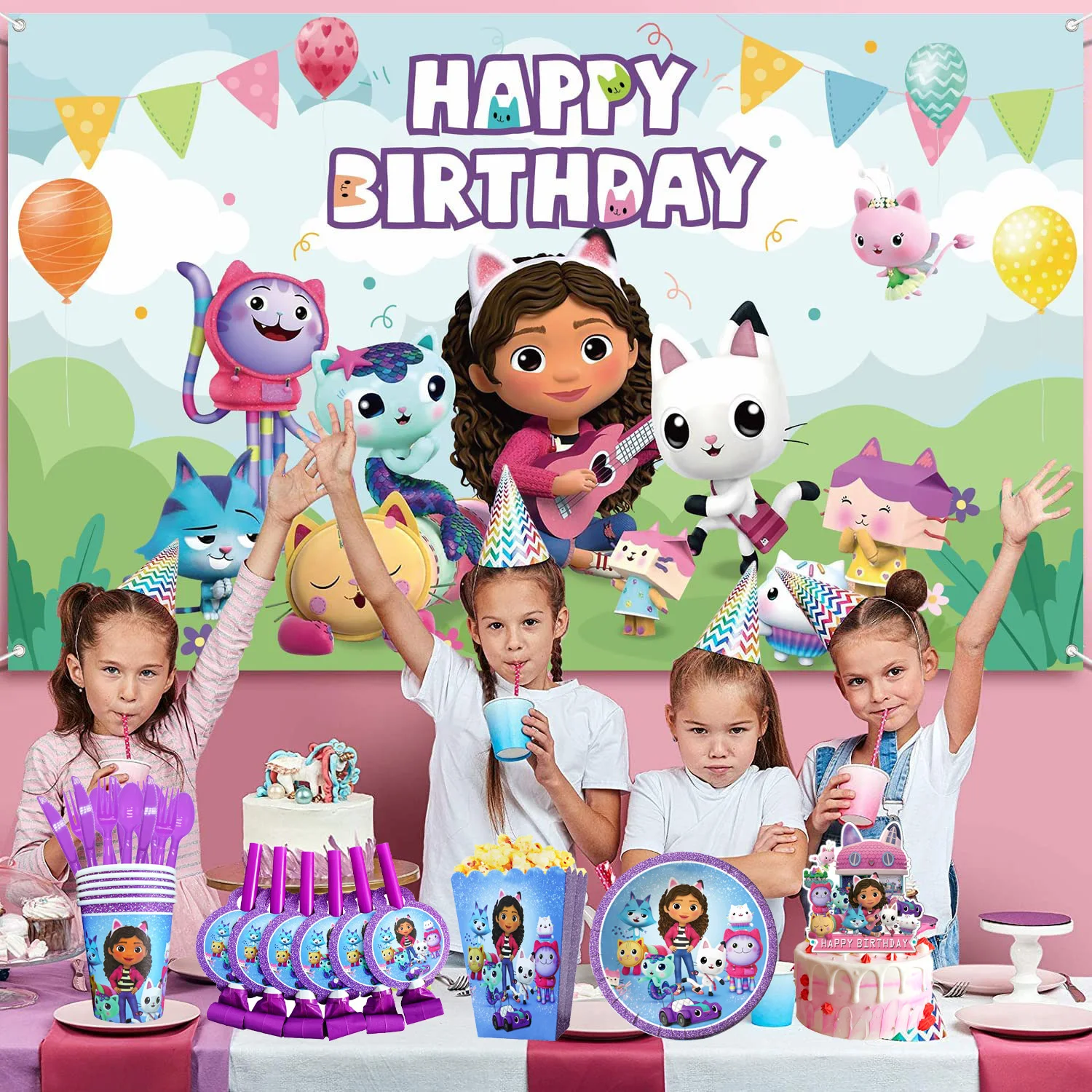 Cartoon Gabby Dollhouse Baby Shower Background Banner Sign Poster Girls Birthday Party Supplies Photo Booth Home Decorations