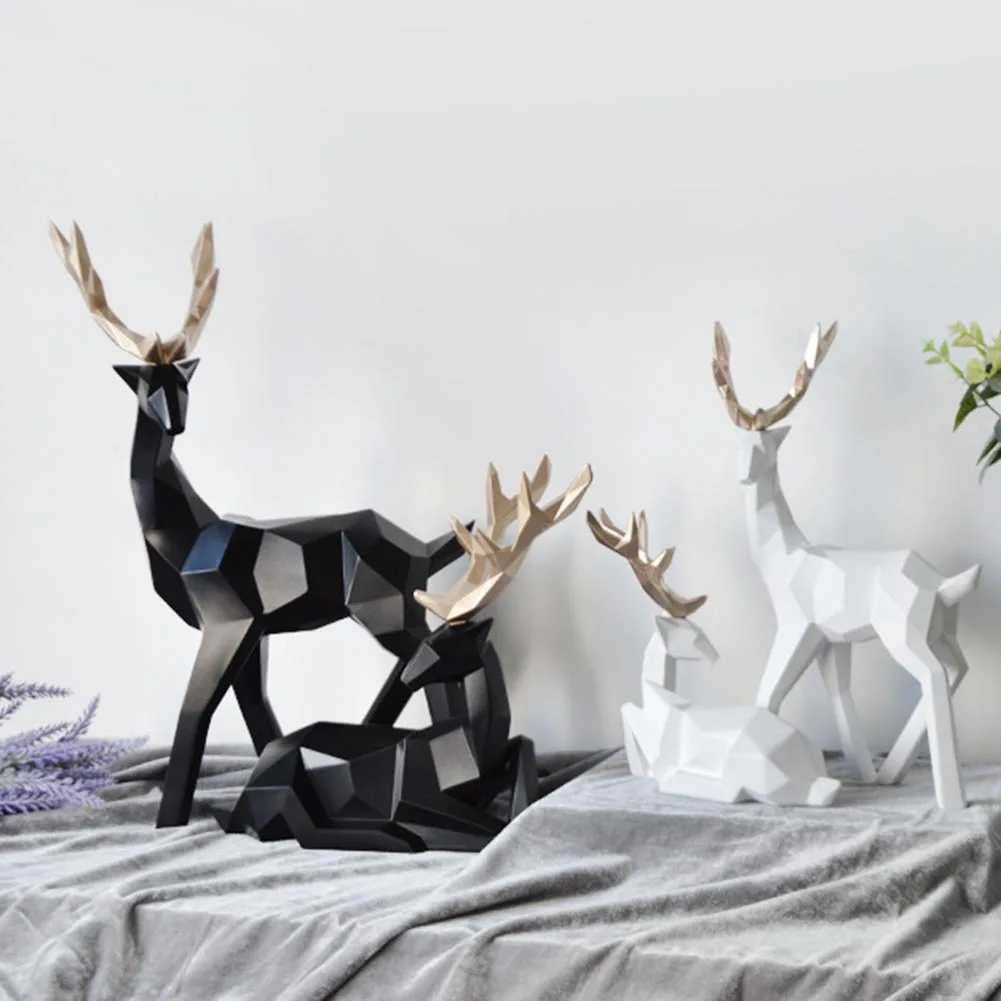 2Pc Deer Decor Statue Resin Sculpture Geometric Home Decor Nordic Statues Deer Figurines Modern Decoration Abstract Tabletop