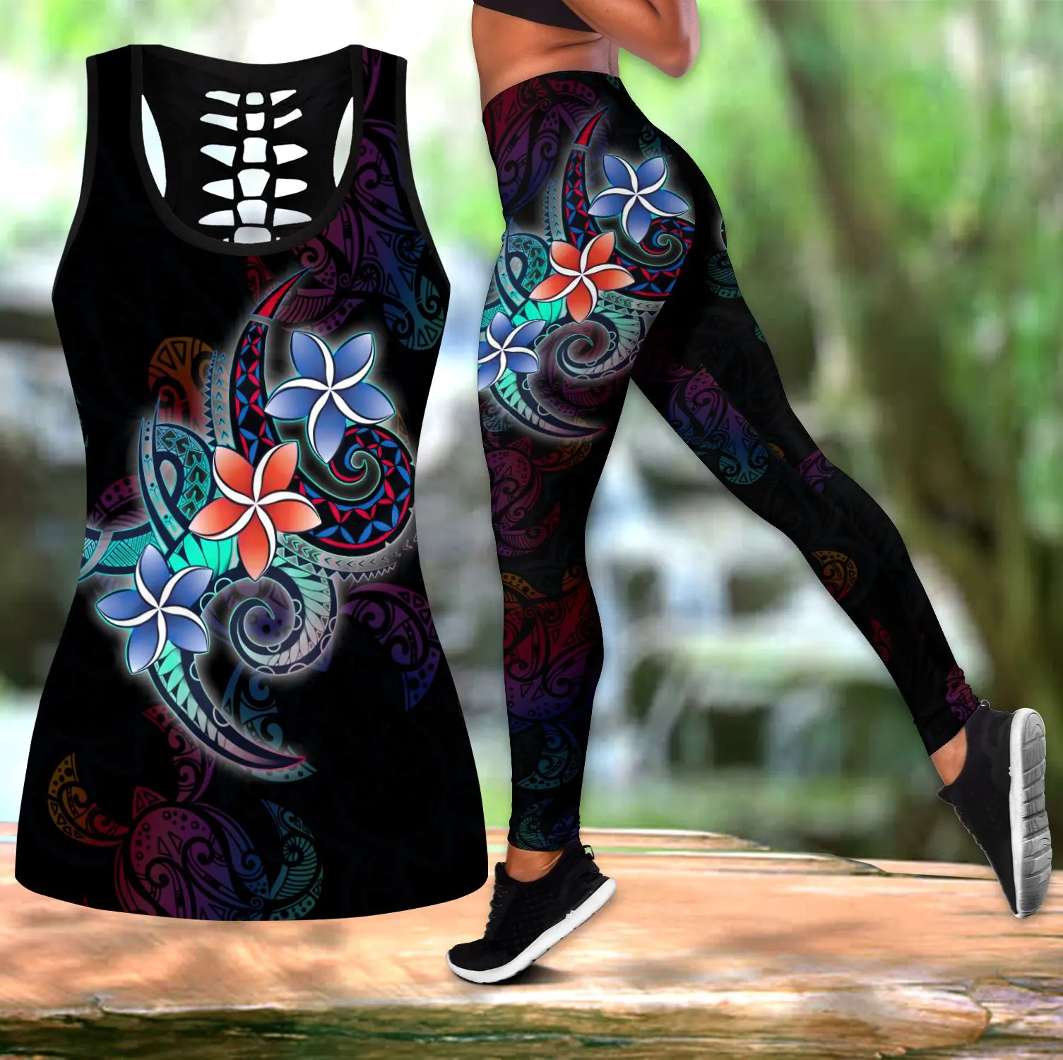 Polynesian Plumeria Flower And Turtle Tattoo 3D Printed Hollow Tank Top & Leggings Set Fitness Female Full Length Leggings DDK74