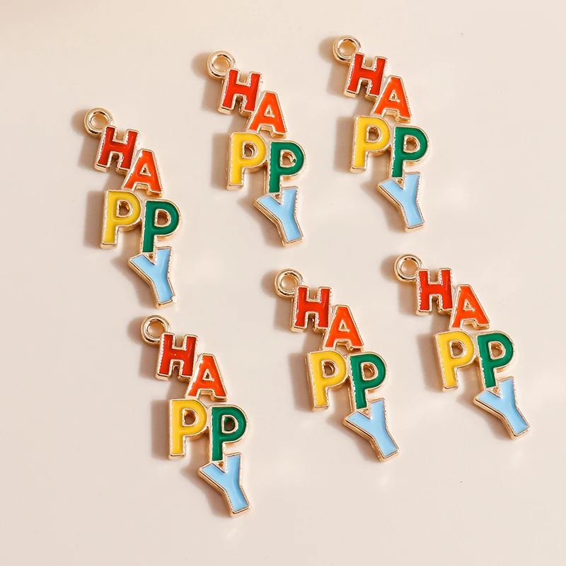 Leslie 10pcs 11*29mm Enamel Letter Happy Charms for Jewelry Making Alphabet Charms DIY Earrings Necklaces Pendants Accessories