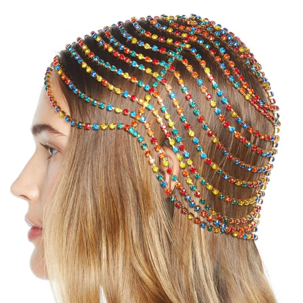 Colorful Bridal Headpiece Boho Rhinestone Headband Jewelry for Women Luxury Crystal Chain Flapper Cap Wedding Hair Accessories