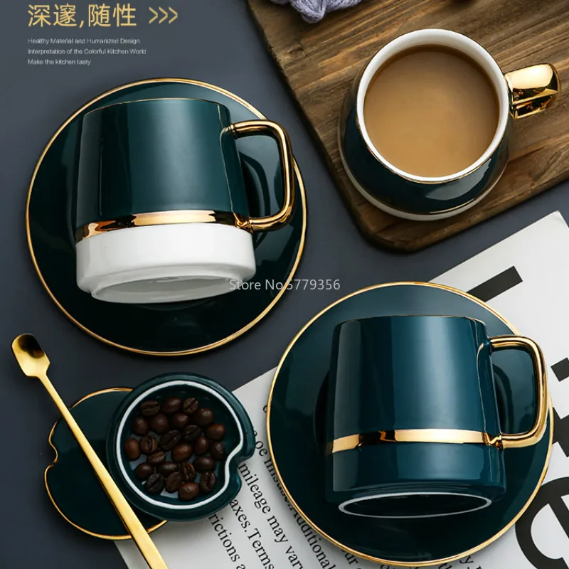 Nordic Luxury Ceramic Coffee Cup with Spoon Solid Green Minimalist Afternoon Tea Cups High Quality Cup and Saucer Set