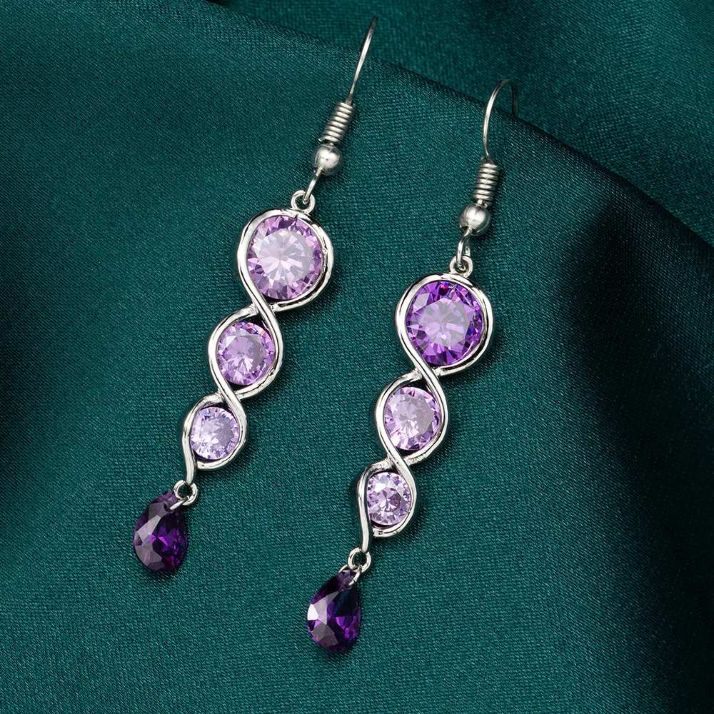 New Trendy Female Jewelry 925 Silver Needle Stackable Round Circle Long Tassel Purple Zircon Crystal Earrings For Women Gift