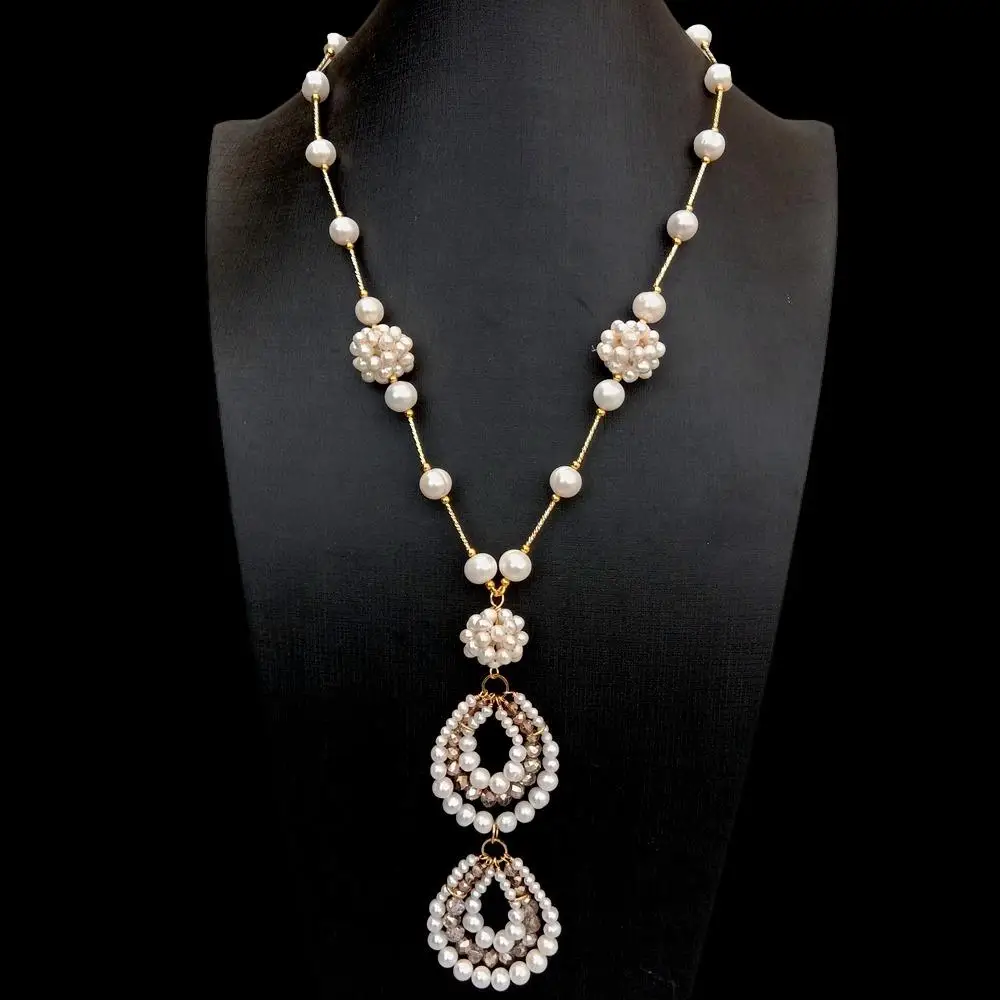

Y·YING Cultured White Pearl Crystal Necklace Handmade Fashion Jewelry 22"