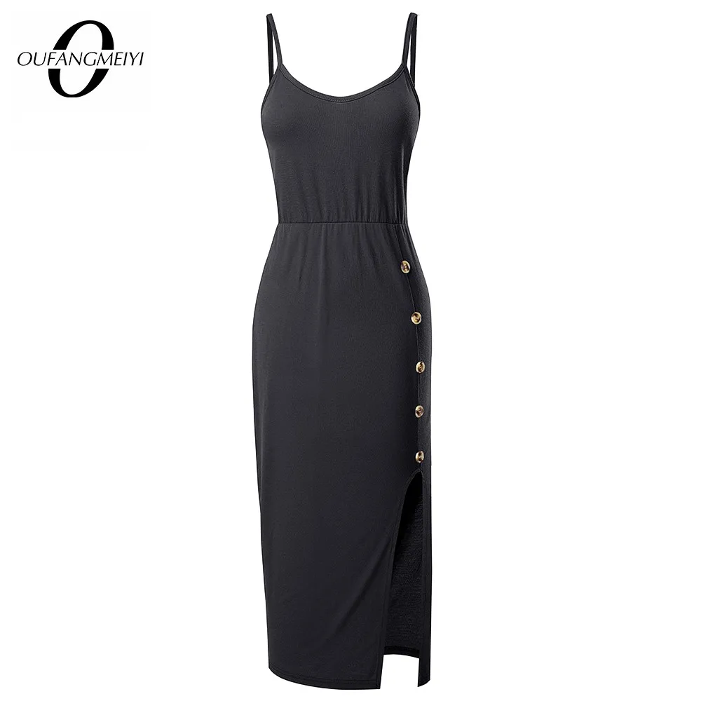 Women  Summer Classy Solid Color Dresses with Button Casual Holiday Straight Midi Cami Dress EB662