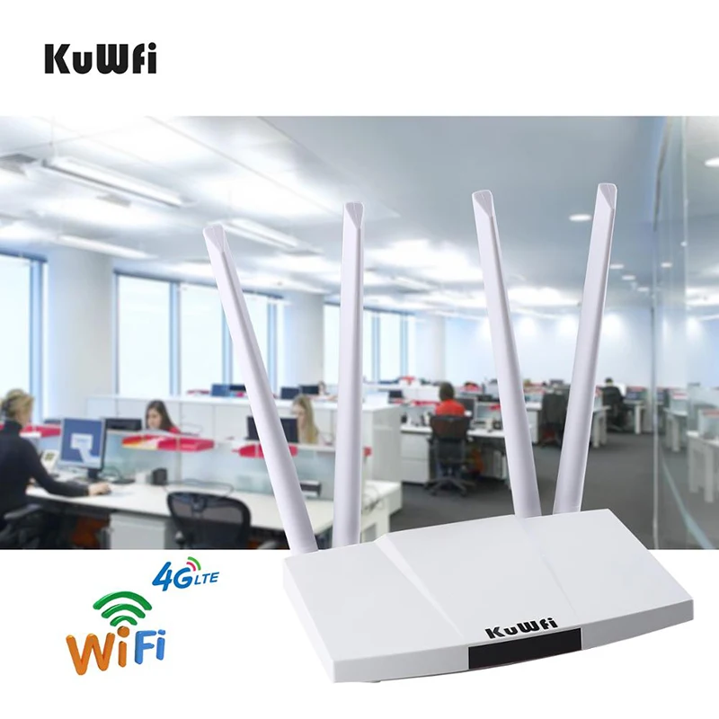 KuWFi 4G wifi router With sim card Slot RJ45 WAN LAN External antennas High Speed 150Mbps Wireless LTE Router 32 Users