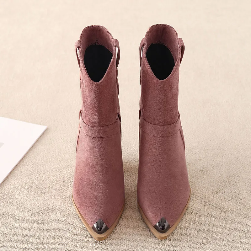 Phoentin velvet women\'s boots on a wedge 2020 cowboy Boots female winter slip on pink ladies shoes metal pointed toe FT1095