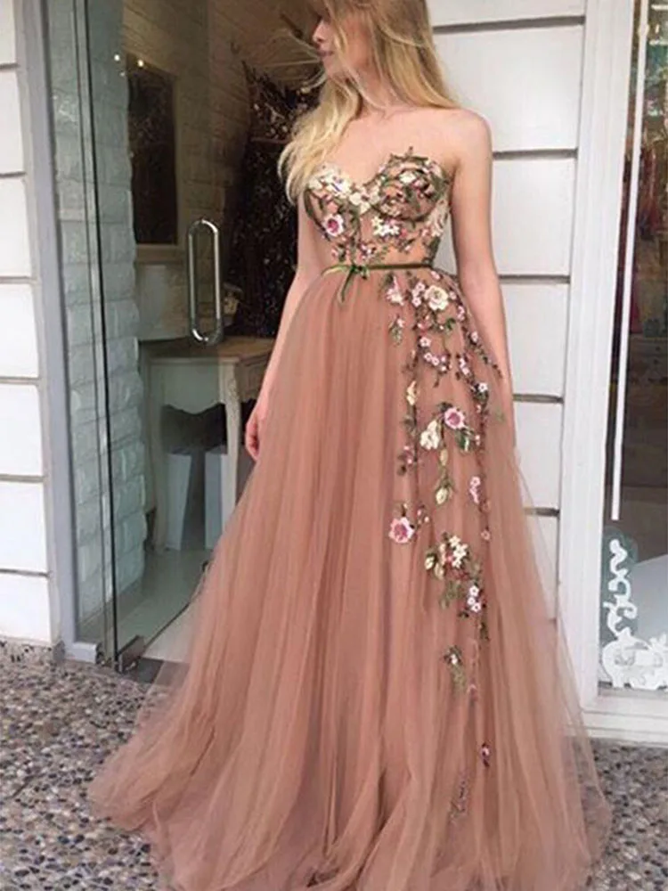 Flesh Rosa Tüll Prom Maxi Kleider 2020 Elegante Frauen Formale Party Nacht Lange Vestidos Gala Appliqus Roben Elegante Abendkleider