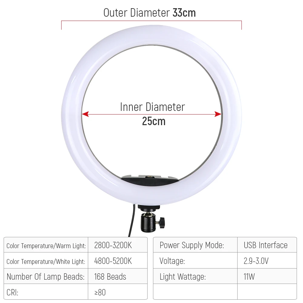 Anel de luz led regulável, 13 polegadas, 33cm, para fotografia, maquiagem, youtube, live, vídeo, estúdio de fotografia