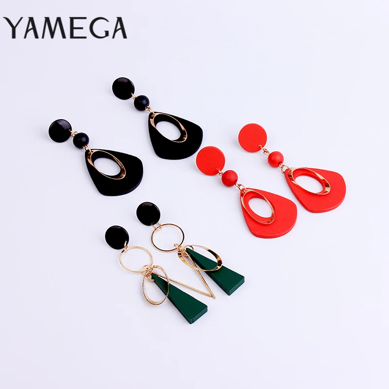 YAMEGA Korean Style Fashion Red Wood Drop Earrings for Women Brincos Gold Dangle Earring Retro Geometric Jewelry Statement Gifts