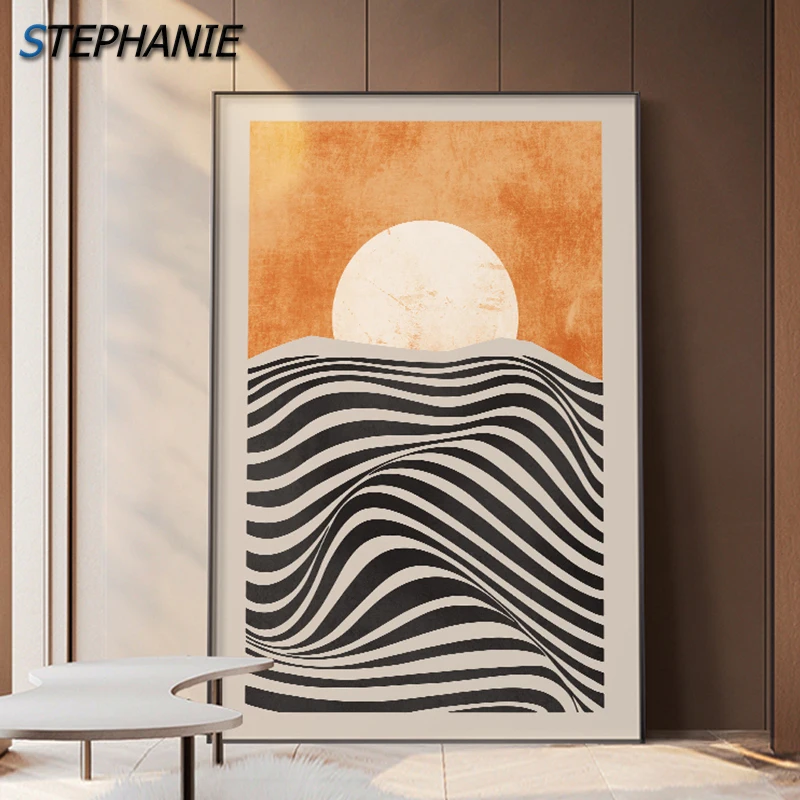 

Abstract Geometric Orange Canvas Paintings Black White Lines Wall Art Poster Print Sunrise Sunset Pictures for Living Room Decor