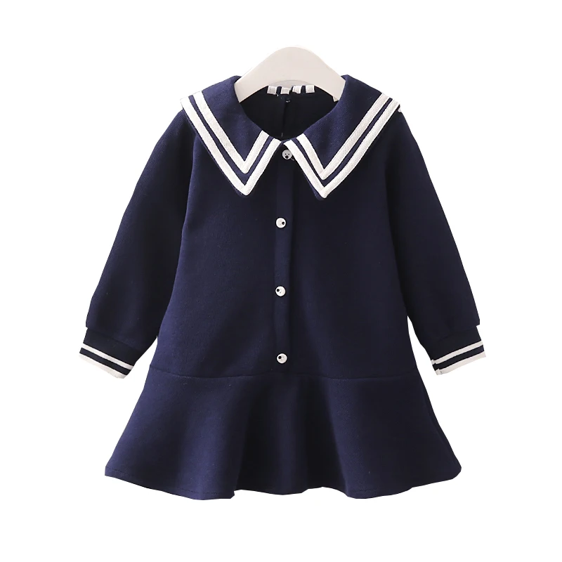 

Girls Navy Dresses 2019 Spring Fall New Kids Long Sleeve Ruffles Princess Dress Children's Preppy Style One Piece Clothes P305