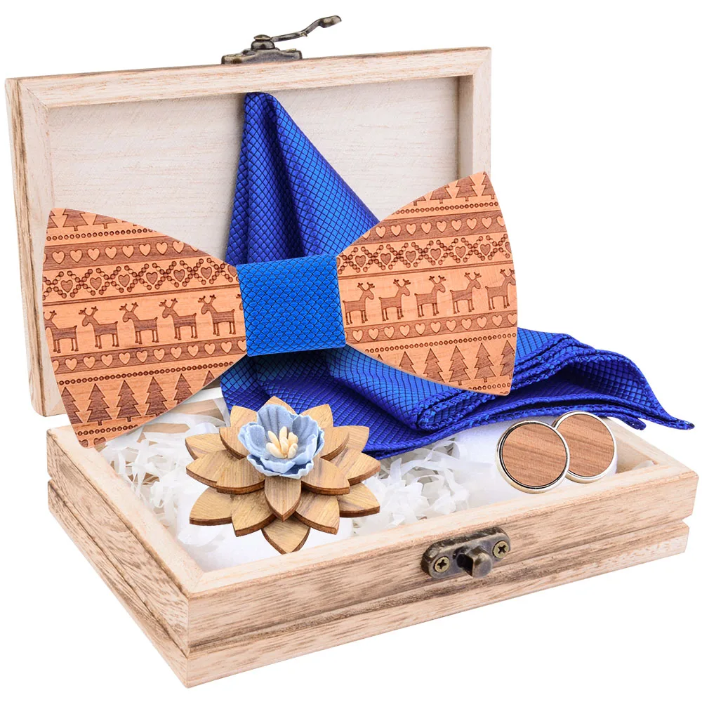 

New Carved Wooden Bow Tie For Men Ties Bowtie Handmade Wood Bowtie Gravata Gift Cufflink Pocket Square Floral Brooch Set Box