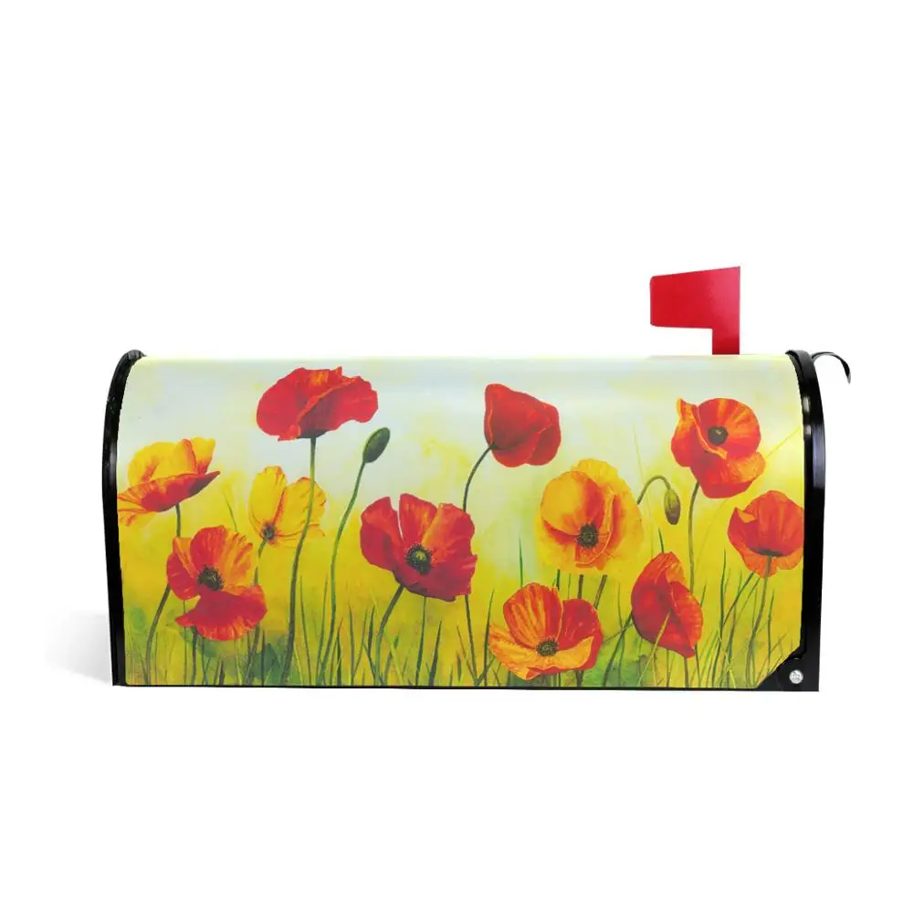 Art Red Poppy Flowers Mailbox Cover Spring Lawn Painting Mailbox Covers Magnetic Mailbox Wraps Post Letter Box Cover Large Size