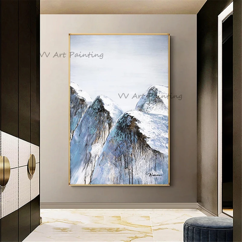 Hand Painted Snow Mountain Oil Paintings on Canvas, Handmade Drip Texture Landscape Art, No Framed Entryway Wall Decor