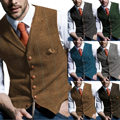 Chaleco verde militar informal marrón para hombre, chaqueta de lana suave a cuadros, chaleco de negocios de Tweed para boda, padrino