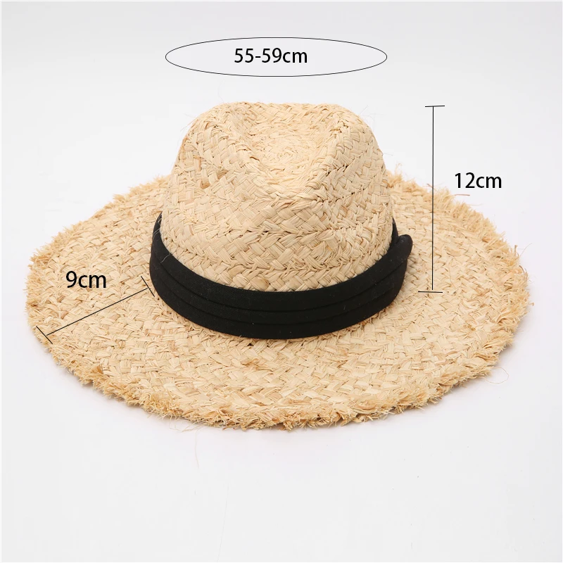 2021 New Raffia hat Panama Straw Hat Summer Black ribbon Women Men Wide Brim Beach Sun Cap UV Protection Jazz Fedora Hat