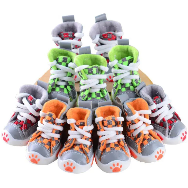 4 pcs/set Sports Dog Shoes Boots Denim Canvas Cloth Red Orange Blue Sneakers Fashion Grid Dog Booties Autumn Winter Pet Supplies