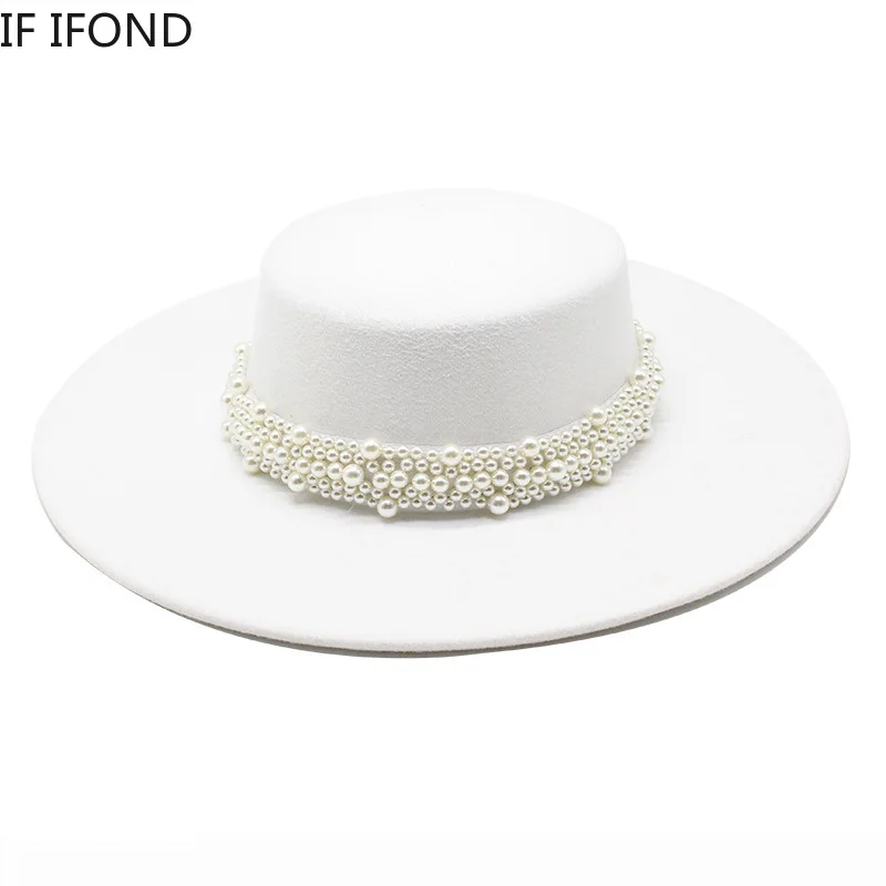 Fedora Hat For Women Temperament Elegant Beige Flat Top Jazz Caps 10CM Wide Brim Pearl Decoration Lady Wedding Dress Hat