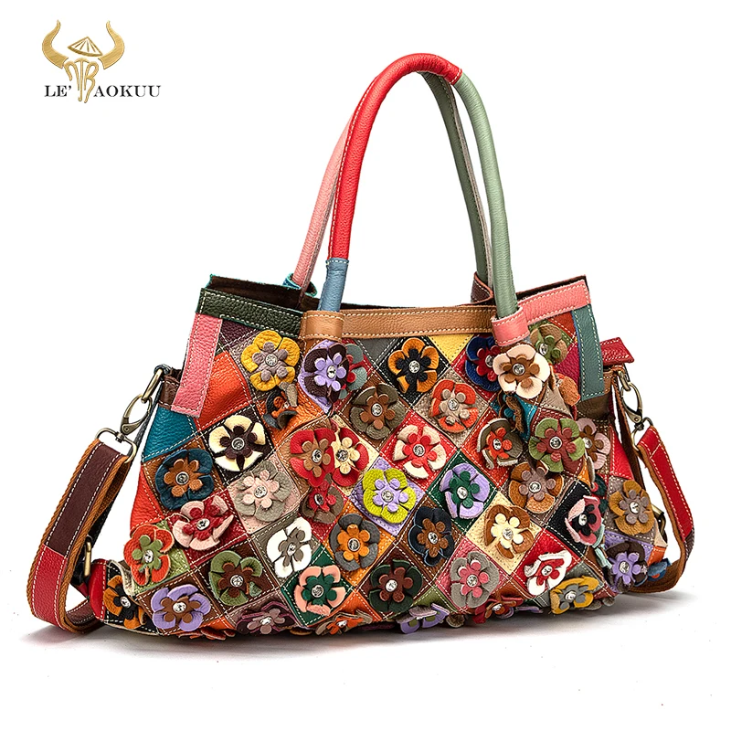 

Soft Quality Leather Women's Flower Stitching Purse and Handbag Over The Shoulder bag Fashion Color Block Ladies Tote bag 298