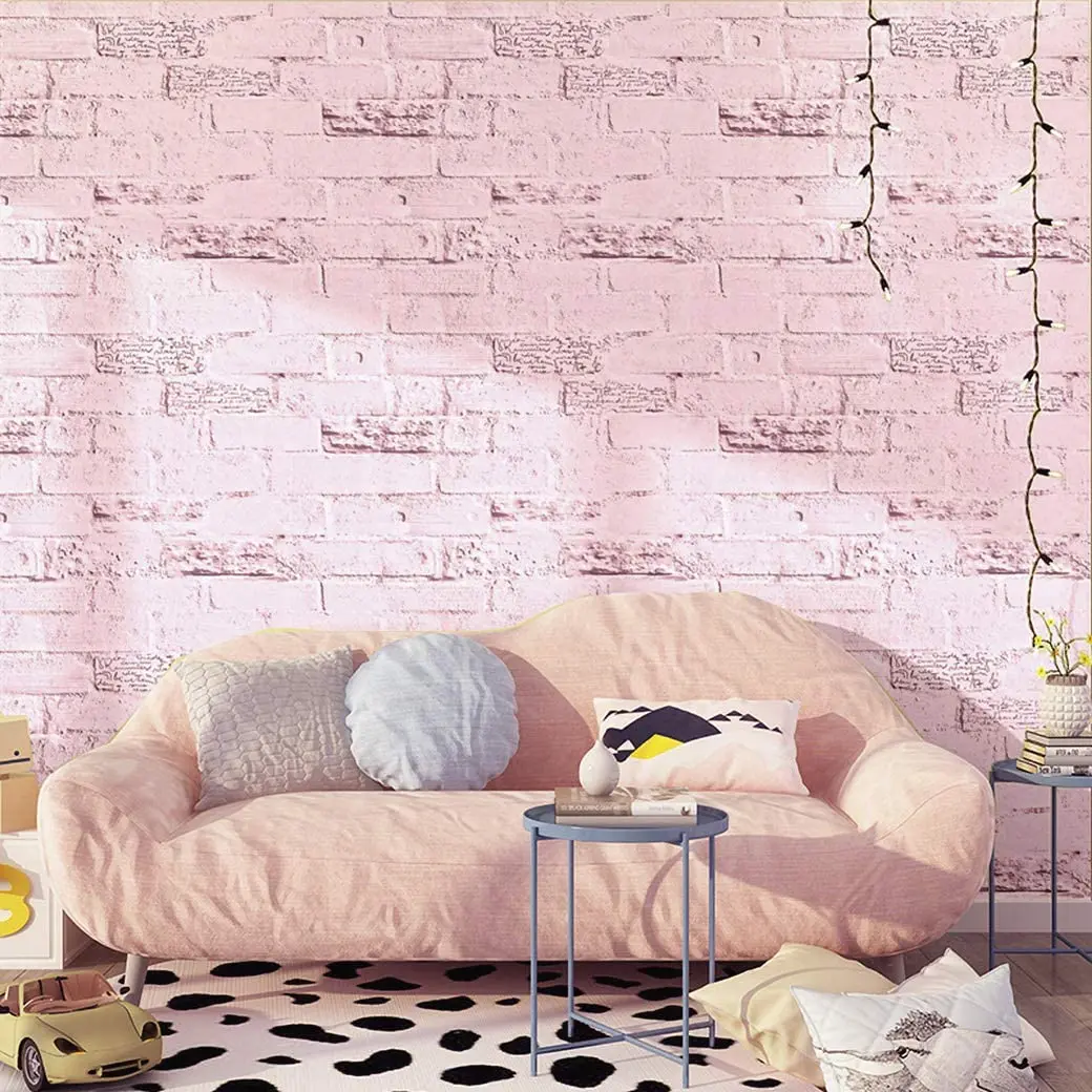 Papel tapiz autoadhesivo de vinilo extraíble para decoración del hogar, papel de contacto de piedra de ladrillo rosa, impermeable, pelar y pegar