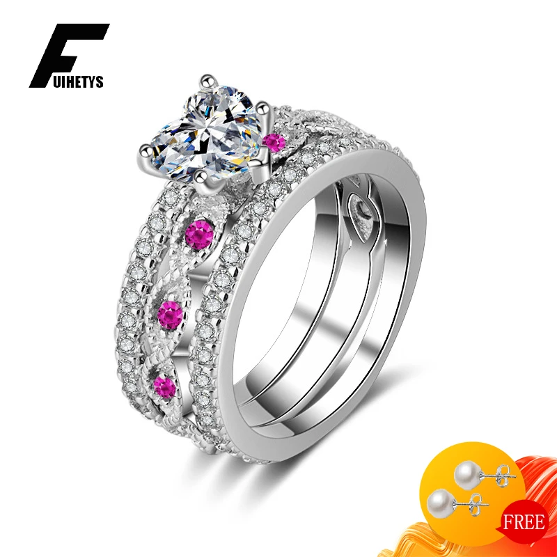 

FUIHETYS Women Rings 925 Silver Jewelry with Zircon Gemstone 3 in 1 Finger Ring Set Ornaments for Wedding Party Promise Gifts