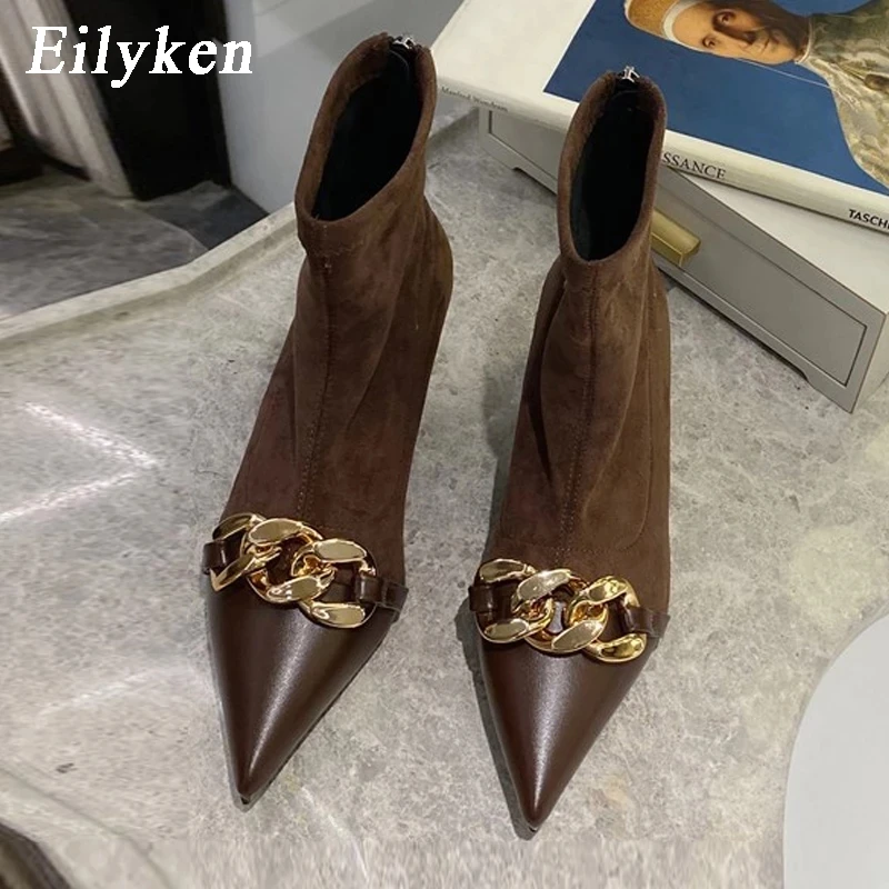 Eilyken Fashion Chain Decoration Women Ankle Boots Low Thin Heels Pointed Toe Pumps Shoes Zip Elegance Short Bootties