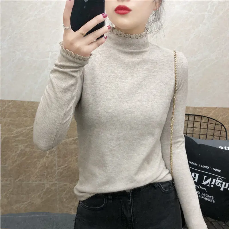 Double-Sided Dralon Turtleneck Long-Sleeved Bottoming Shirt for Women Autum/Winter New Thickened Cationic Lace Stitching Warm