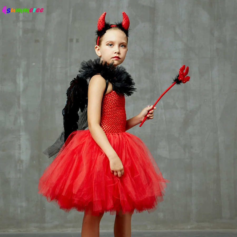 Wicked Red Devil Girls Tutu Dress Kids Halloween Cosplay Carnival Party Costume Handmade Tulle Children Fancy Satan Demon Dress