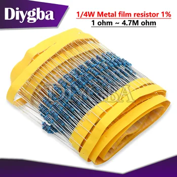 100 pezzi 1/4W resistore a pellicola metallica 1% 1R ~ 1M 1K 4.7K 10K 22K 47K 100K 330K 470K 10R 22R 47R 100R 330R 1 2 10 22 47 100 330 ohm