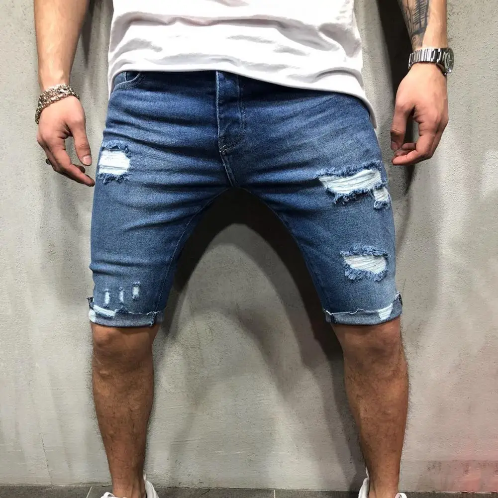 Męskie szorty dżinsowe Denim obcisłe szorty z odpinanymi otworami Skinny Men kieszenie zapinane na zamek spodenki plażowe oddychające do noszenia na imprezę