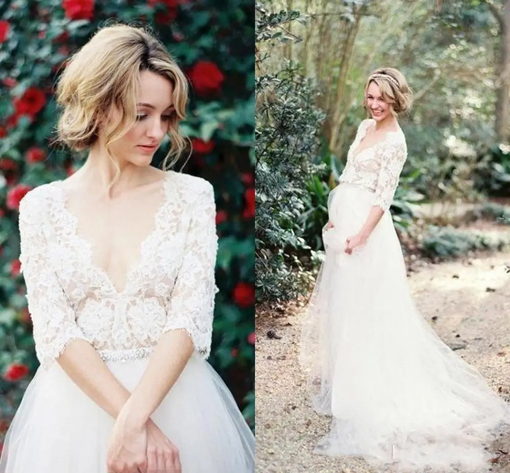 2023 Modest Bohemian Country Wedding Dress Vintage Lace Half Sleeves V Neck Beaded Sash Tulle Bridal Gowns Robe De Mariage