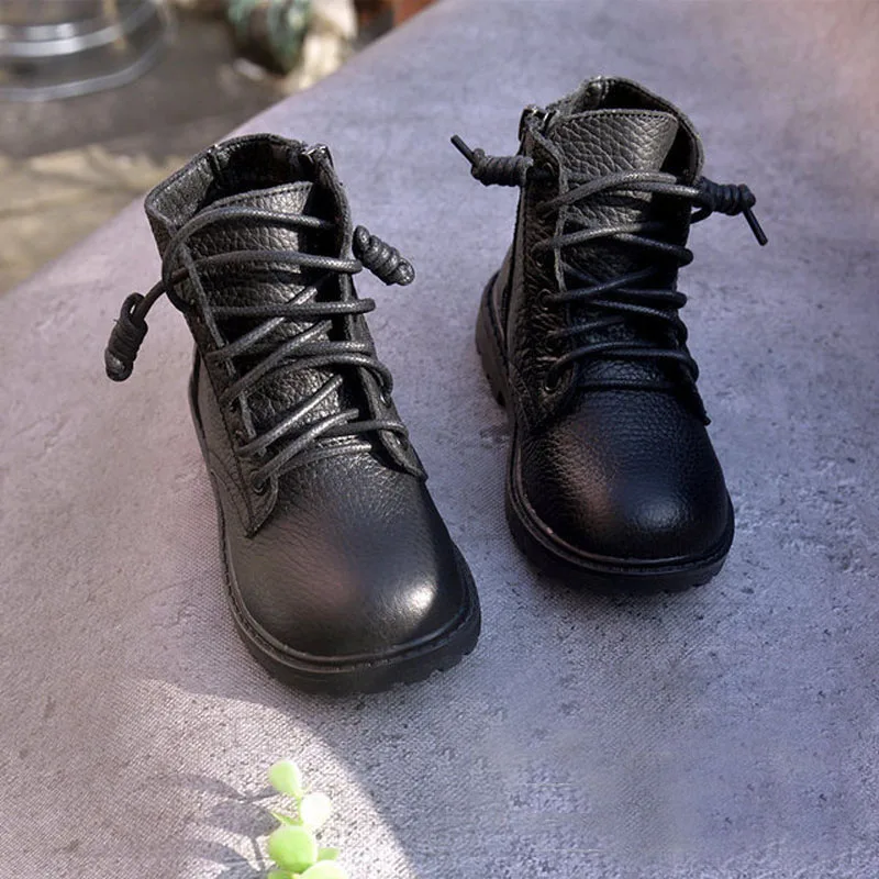 Bottines en cuir véritable pour enfants, chaussures d'hiver en fourrure chaude pour garçons et filles