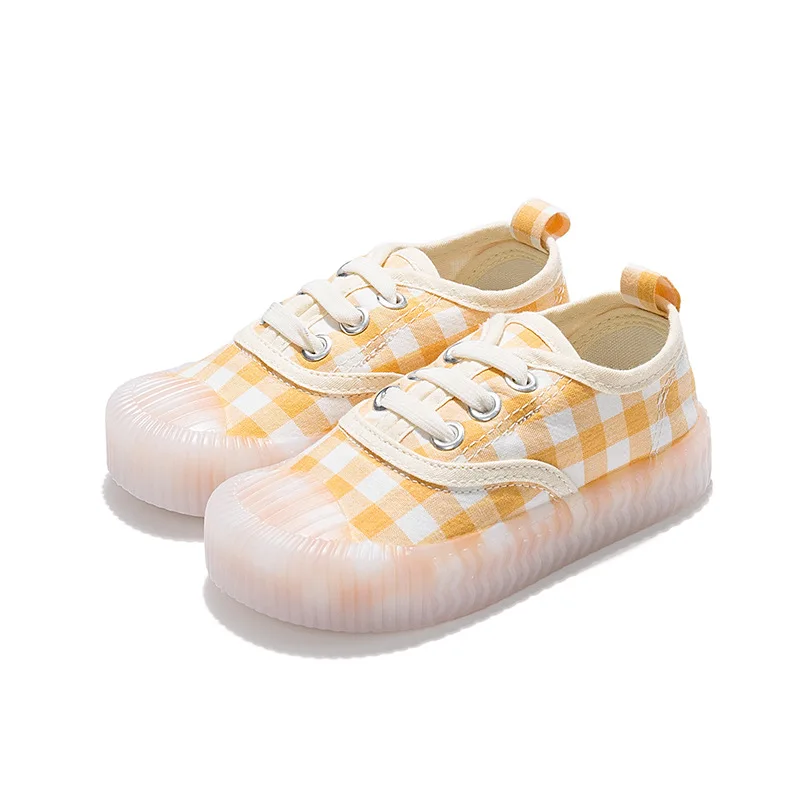 2023 New Children's Lattice Canvas Shoes Biscuit Shoes Soft Bottom Breathable Cloth Cute Fashion for Boys and Girls All-match