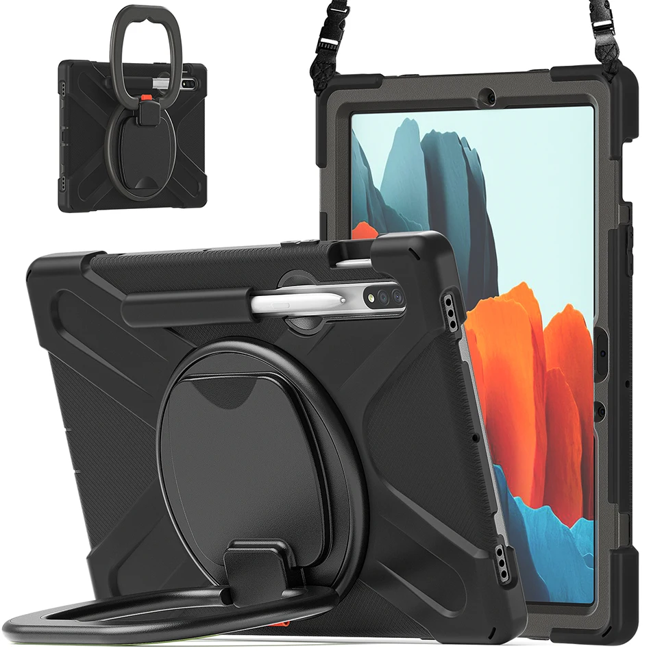 360 Rotation Kickstand Silicone Case with Shoulder Strap for Samsung Galaxy Tab S7 T870 T875 X700 X706 S8 Shockproof Cover 2022