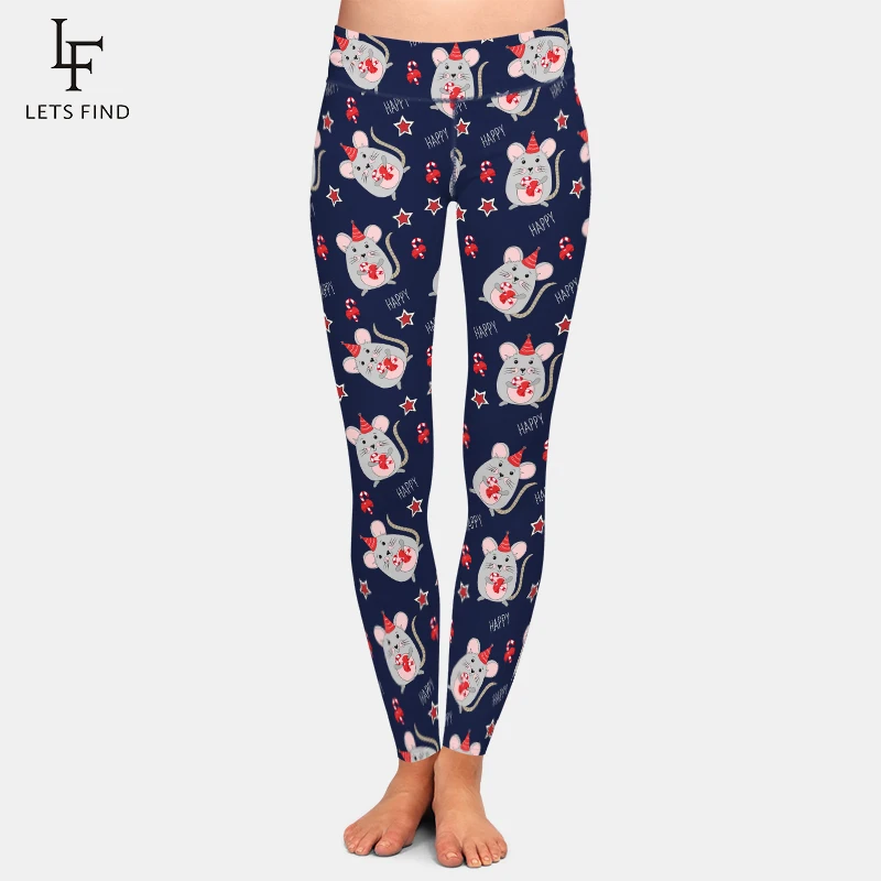 

LETSFIND 3D Happy New Year Cute Mouse with Candy Printing Winter Leggings Fashion High Waist Slim Fitness Leggings