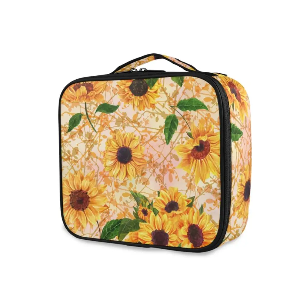 New Upgrade Large Capacity Waterproof Cosmetic Bag Sunflower Print Hot-Selling Professinal Women Travel Makeup Case