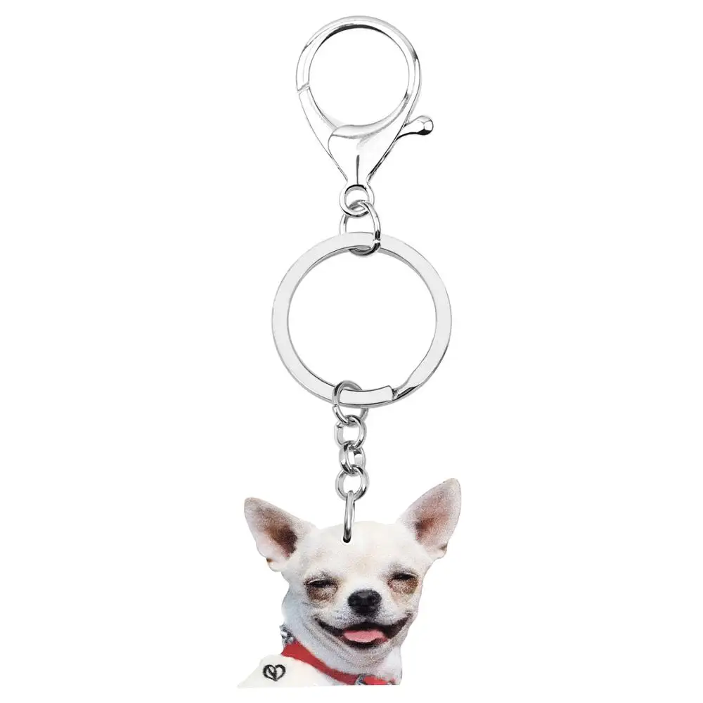 Bonsny Acrylic Sweet Chihuahua Dog Keychains Lovely Pet Animal Keyring Jewelry For Women Kids Men Novelty Gift Purse Accessories