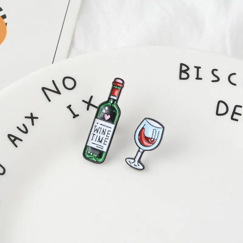 Wine Time Mini Cute Wine And Wine Glasses Couple Pins Red Wine Bottle Cup Brooches Enamel Pin Badge For Lovers Best Friend Pins