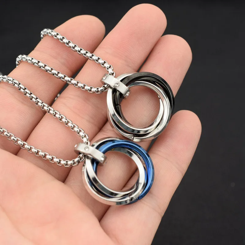 Long Chain Around The Neck Crystal Black Blue Ring Buckle Charm Pendant Necklace Stainless Steel Necklaces For Women Men Jewelry