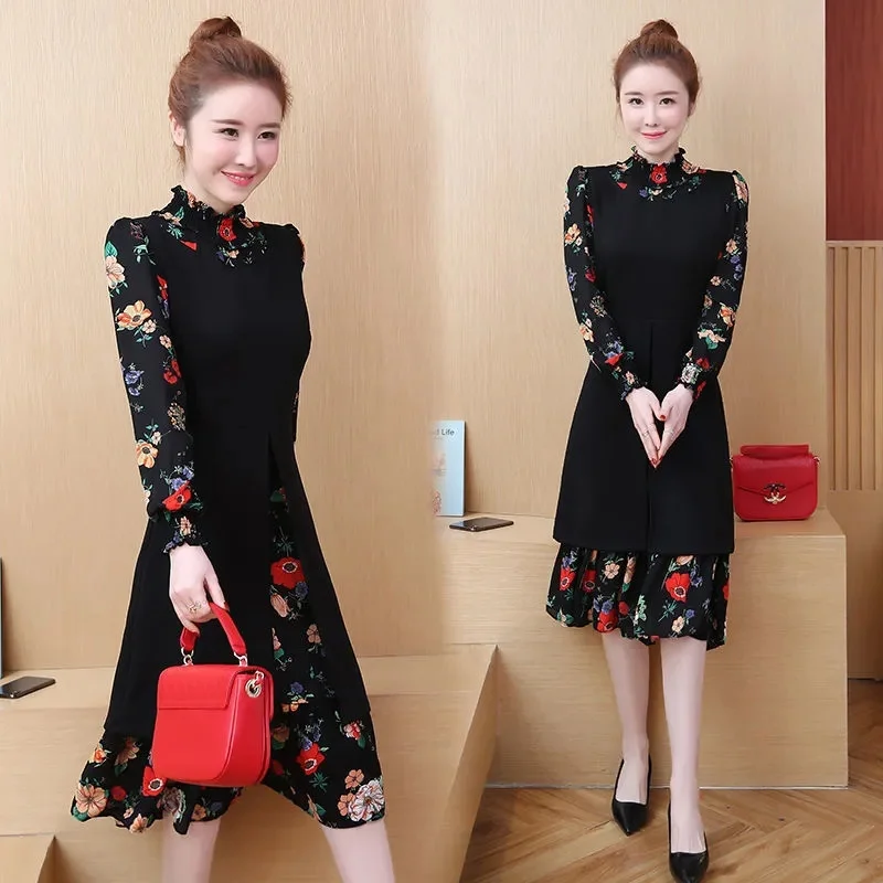 

2022Women Spring Autumn grace Chiffon Floral Dres Female Fnew Ashion Temperament Fashion Medium Long Fake Two Pieces Dress A1111